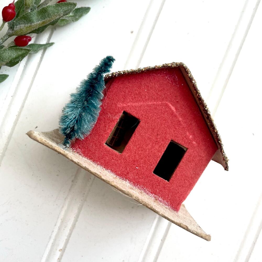 Vintage Christmas Putz House Small Flocked Red Bottlebrush Tree